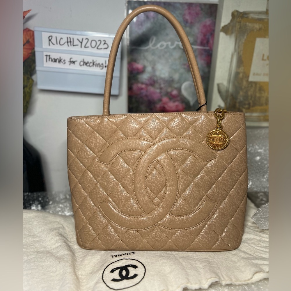 Authentic Chanel Caviar Leather Medallion Tote Quilted Bag